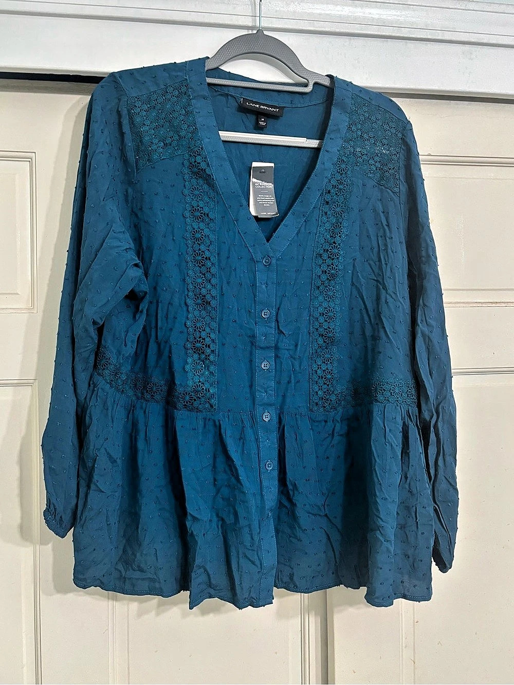 Lane Bryant Swiss Dot Crochet Lace Peplum Blouse Blue Size 16